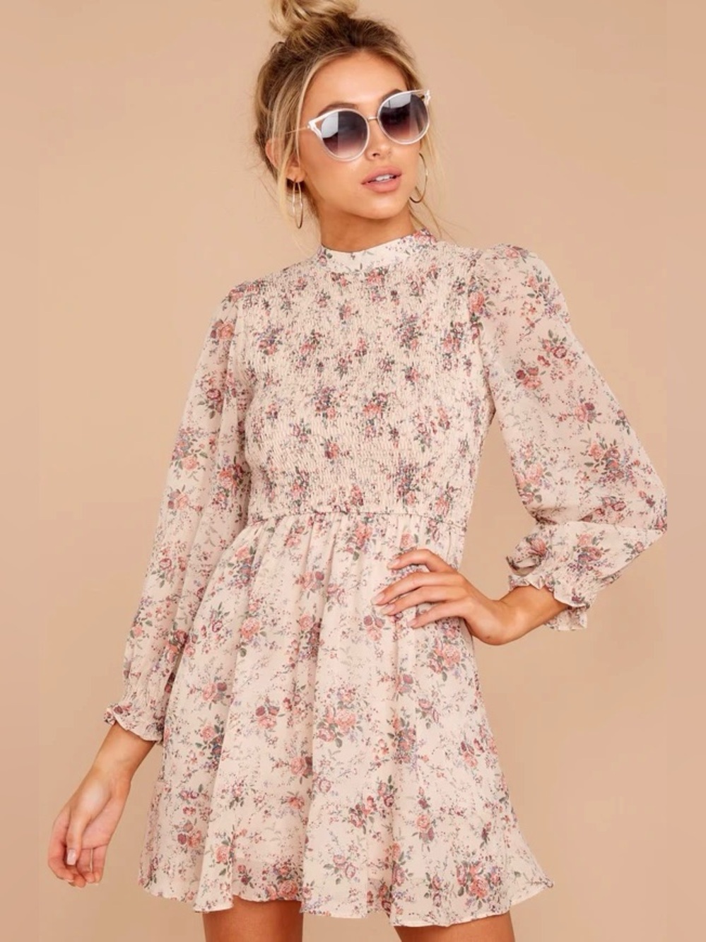 Storia Blush Pink Floral Smocked High-Neck Long Sleeve Dress size Small NWT
